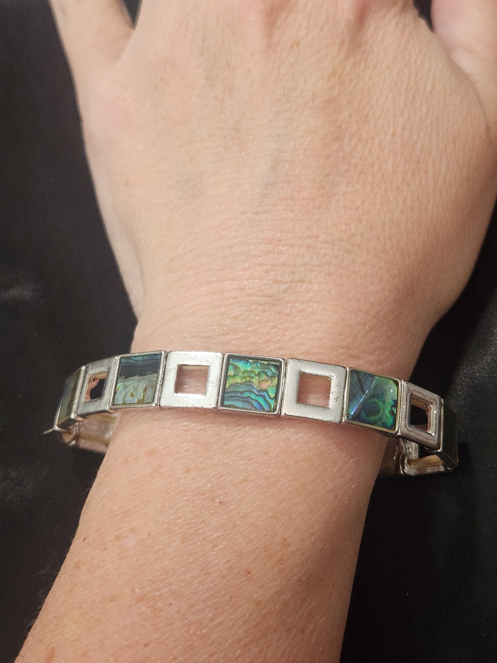 Abalone Inlay Silver Link Bracelet - Green Blue